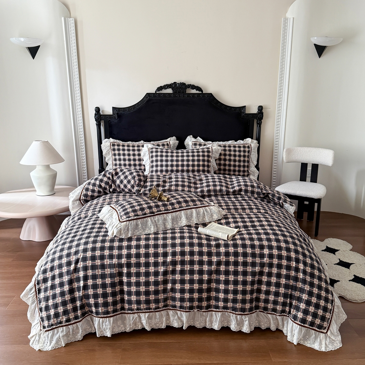 91家纺网 家纺一手货源 找家纺 你好美丽 2026新款韩版刺绣水洗沐格简麻花边系列四件套 沐格黑格