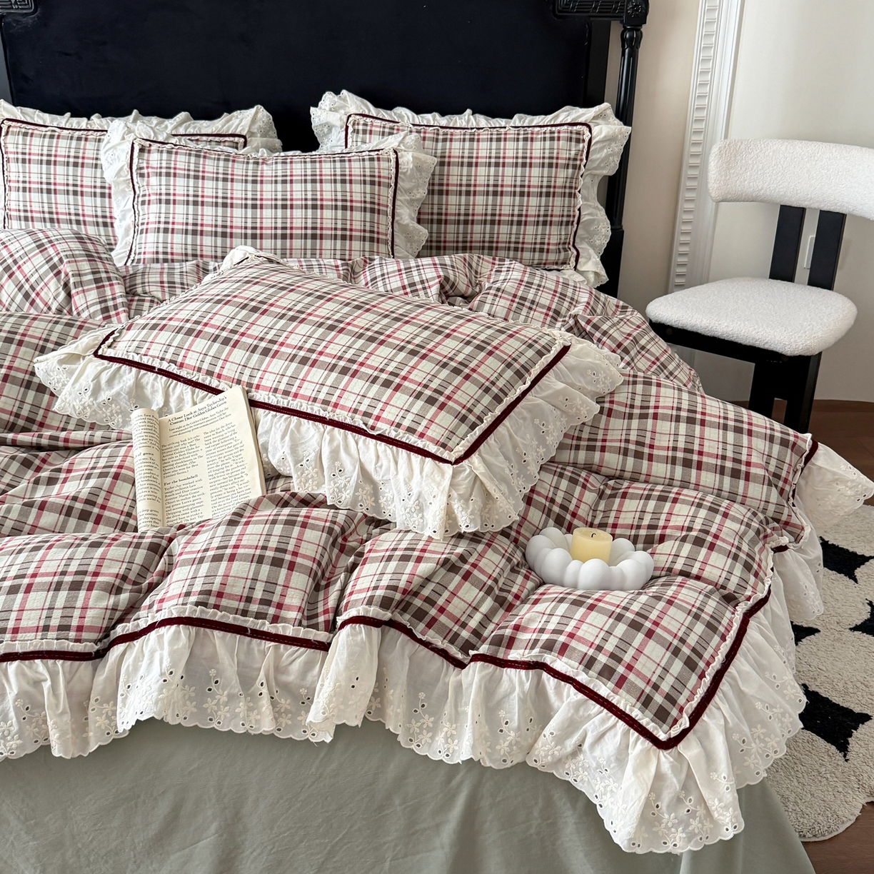 你好美丽 2026新款韩版刺绣水洗沐格简麻花边系列四件套 沐格红大格