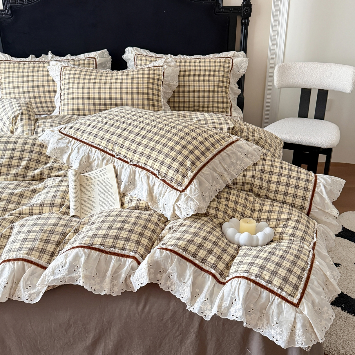 你好美丽 2026新款韩版刺绣水洗沐格简麻花边系列四件套 沐格咖小格