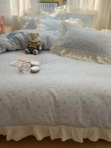 91家纺网 家纺一手货源 找家纺 瑞莱 2026春夏新款全棉纯棉印花韩系卡通花边四件套 韩版花仙兔