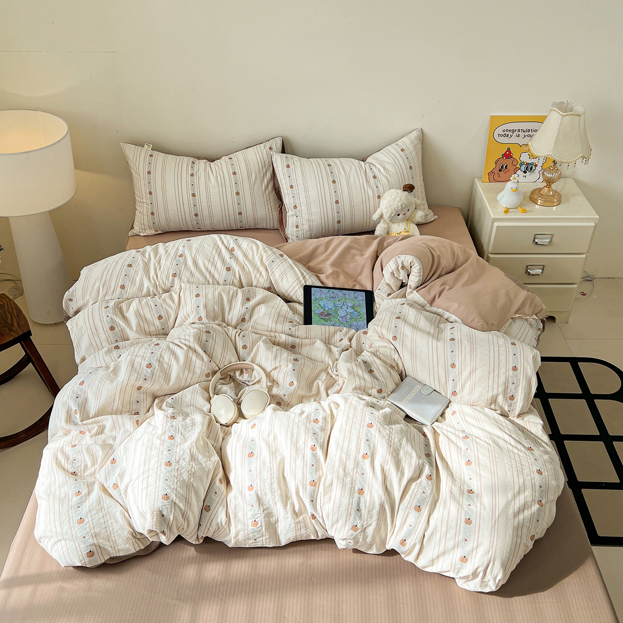 爱丽丝 2026新款全棉剪花色织提花四件套 小南瓜-咖