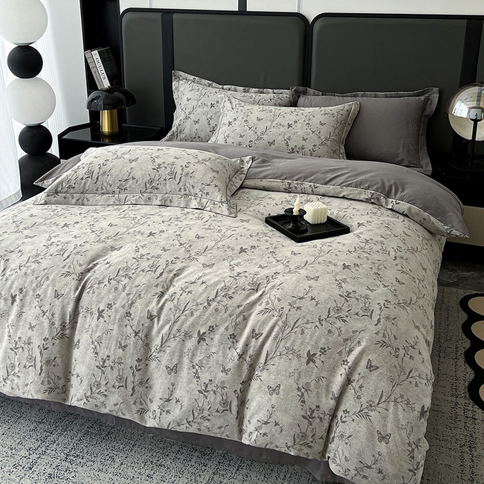 91家纺网 家纺一手货源 找家纺 爱丽丝 2026新款全棉色织提花四件套 蝴蝶花影-灰