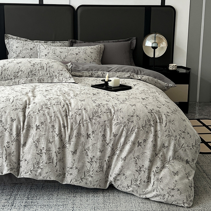 91家纺网 家纺一手货源 找家纺 爱丽丝 2026新款全棉色织提花四件套 蝴蝶花影-灰