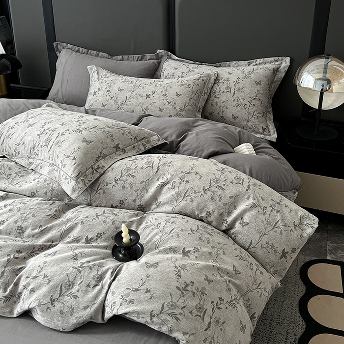 91家纺网 家纺一手货源 找家纺 爱丽丝 2026新款全棉色织提花四件套 蝴蝶花影-灰