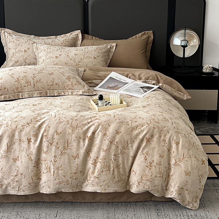 91家纺网 家纺一手货源 找家纺 爱丽丝 2026新款全棉色织提花四件套 蝴蝶花影-卡其