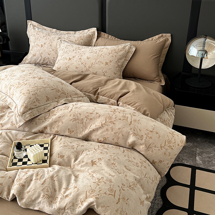 91家纺网 家纺一手货源 找家纺 爱丽丝 2026新款全棉色织提花四件套 蝴蝶花影-卡其