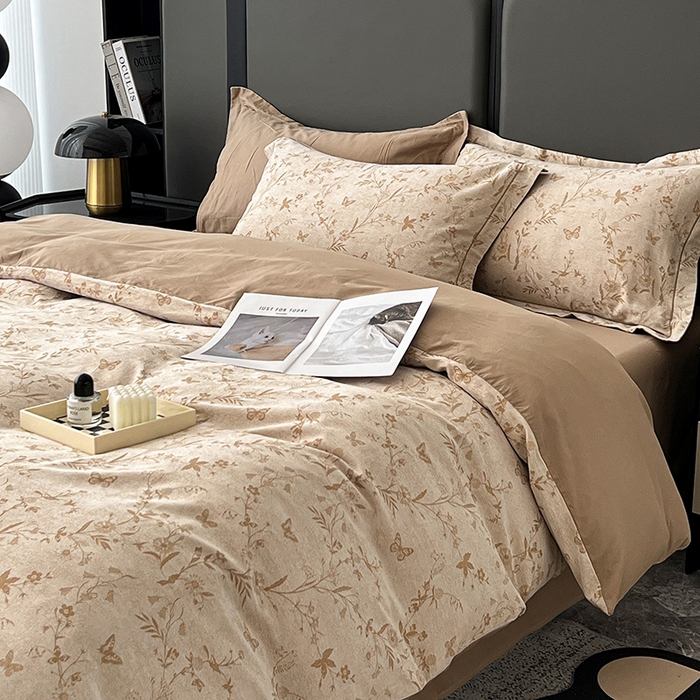 91家纺网 家纺一手货源 找家纺 爱丽丝 2026新款全棉色织提花四件套 蝴蝶花影-卡其