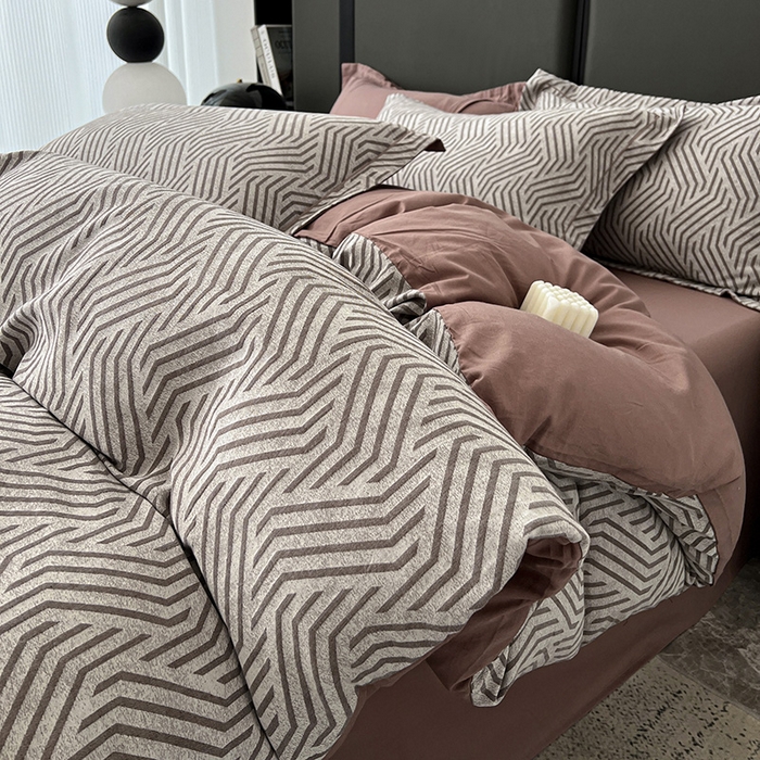 91家纺网 家纺一手货源 找家纺 爱丽丝 2026新款全棉色织提花四件套 简雅几何-豆沙