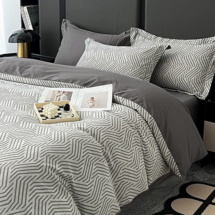 91家纺网 家纺一手货源 找家纺 爱丽丝 2026新款全棉色织提花四件套 简雅几何-灰