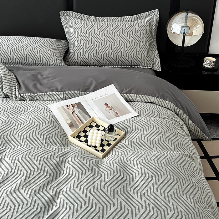 91家纺网 家纺一手货源 找家纺 爱丽丝 2026新款全棉色织提花四件套 简雅几何-灰