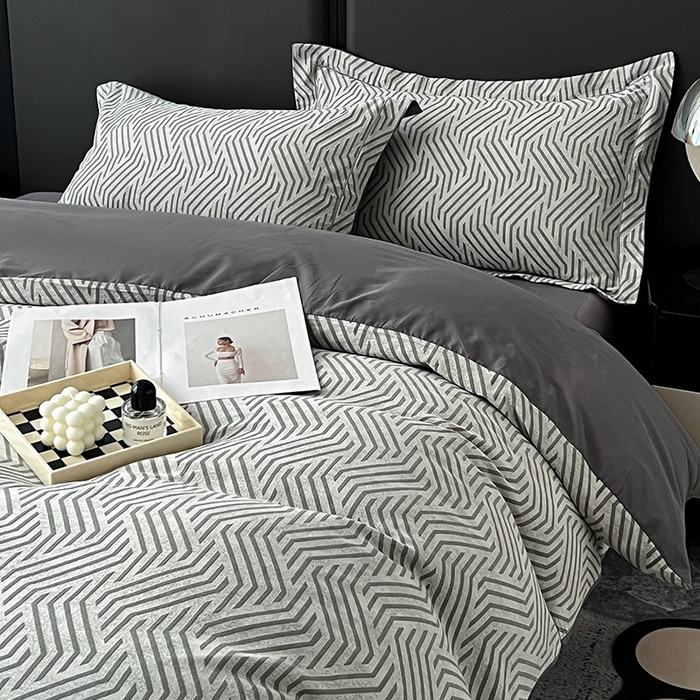 91家纺网 家纺一手货源 找家纺 爱丽丝 2026新款全棉色织提花四件套 简雅几何-灰