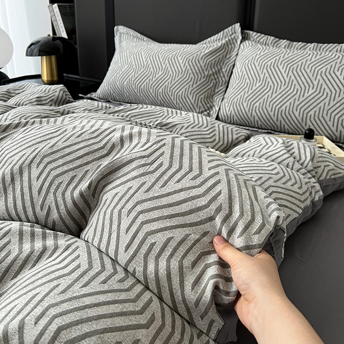 91家纺网 家纺一手货源 找家纺 爱丽丝 2026新款全棉色织提花四件套 简雅几何-灰