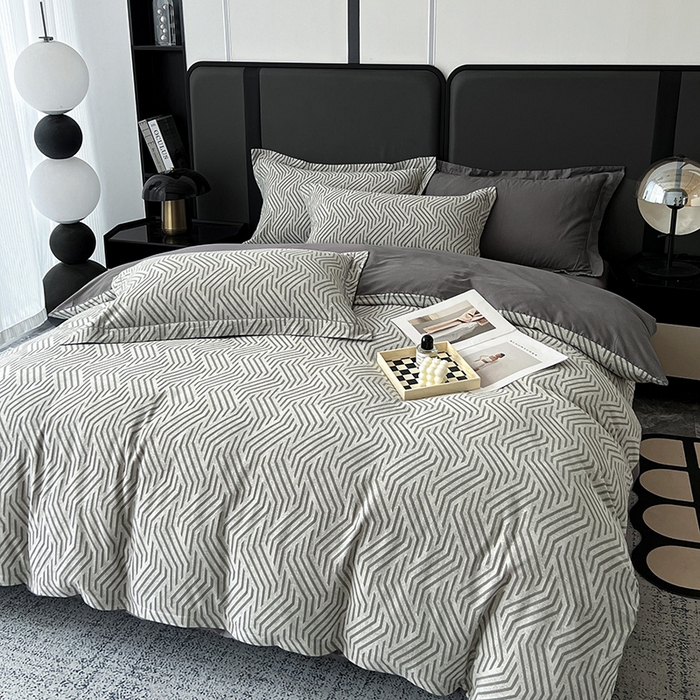 91家纺网 家纺一手货源 找家纺 爱丽丝 2026新款全棉色织提花四件套 简雅几何-灰