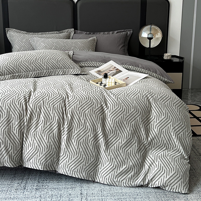 91家纺网 家纺一手货源 找家纺 爱丽丝 2026新款全棉色织提花四件套 简雅几何-灰