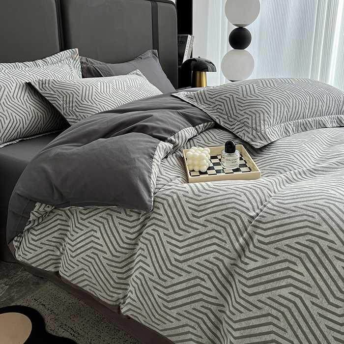 91家纺网 家纺一手货源 找家纺 爱丽丝 2026新款全棉色织提花四件套 简雅几何-灰