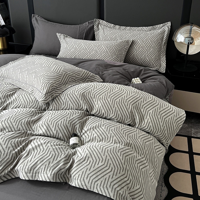 91家纺网 家纺一手货源 找家纺 爱丽丝 2026新款全棉色织提花四件套 简雅几何-灰