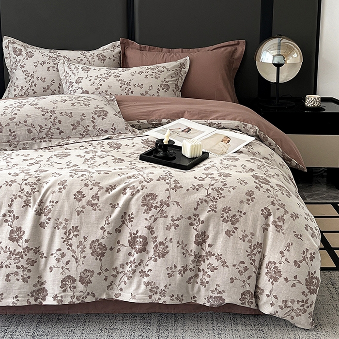 91家纺网 家纺一手货源 找家纺 爱丽丝 2026新款全棉色织提花四件套 屋顶花园-豆沙