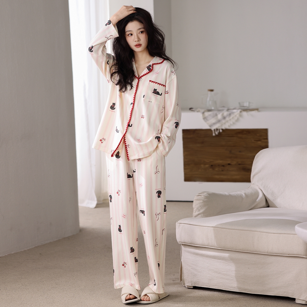 91家纺网 家纺一手货源 找家纺 洛兰沙家居馆 2026新款长袖睡衣女款纯棉春季印花开衫翻领家居服可外穿套装第一批 45141