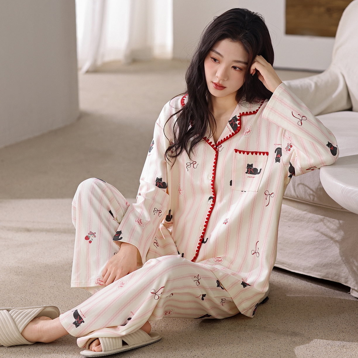 91家纺网 家纺一手货源 找家纺 洛兰沙家居馆 2026新款长袖睡衣女款纯棉春季印花开衫翻领家居服可外穿套装第一批 45141