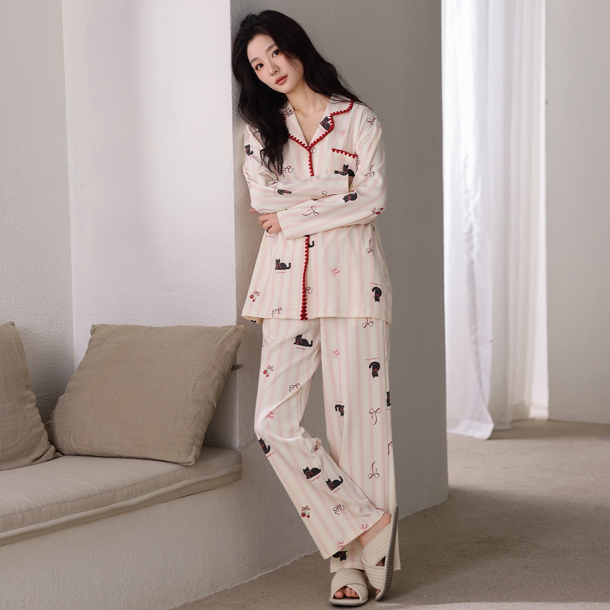 91家纺网 家纺一手货源 找家纺 洛兰沙家居馆 2026新款长袖睡衣女款纯棉春季印花开衫翻领家居服可外穿套装第一批 45141