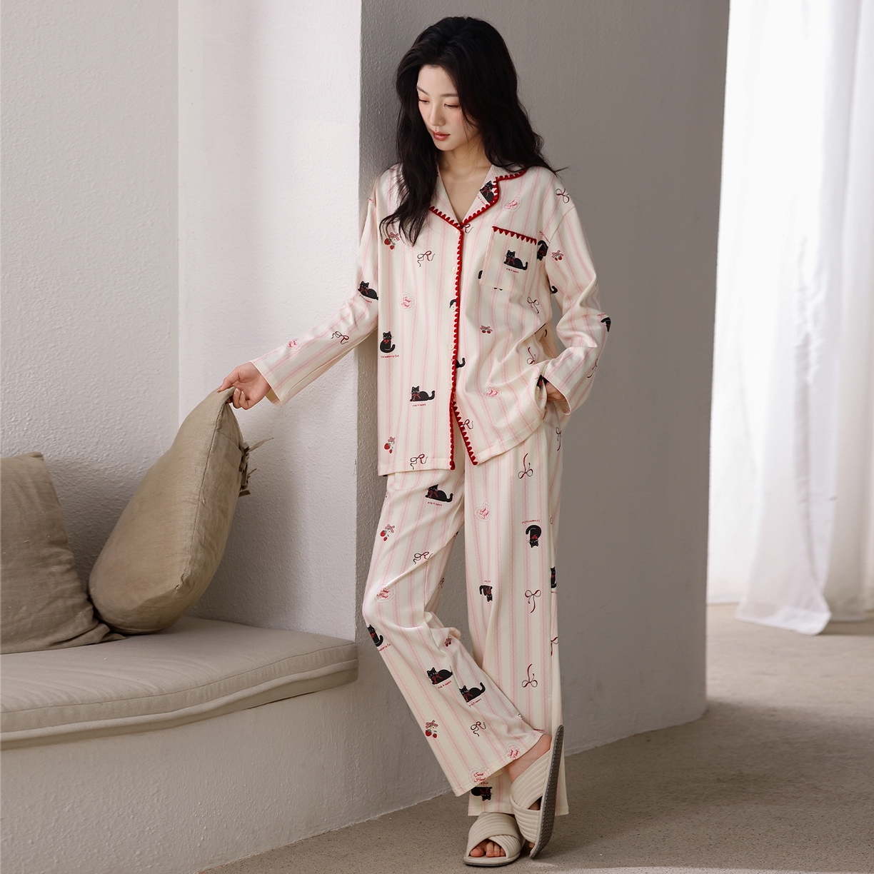 91家纺网 家纺一手货源 找家纺 洛兰沙家居馆 2026新款长袖睡衣女款纯棉春季印花开衫翻领家居服可外穿套装第一批 45141