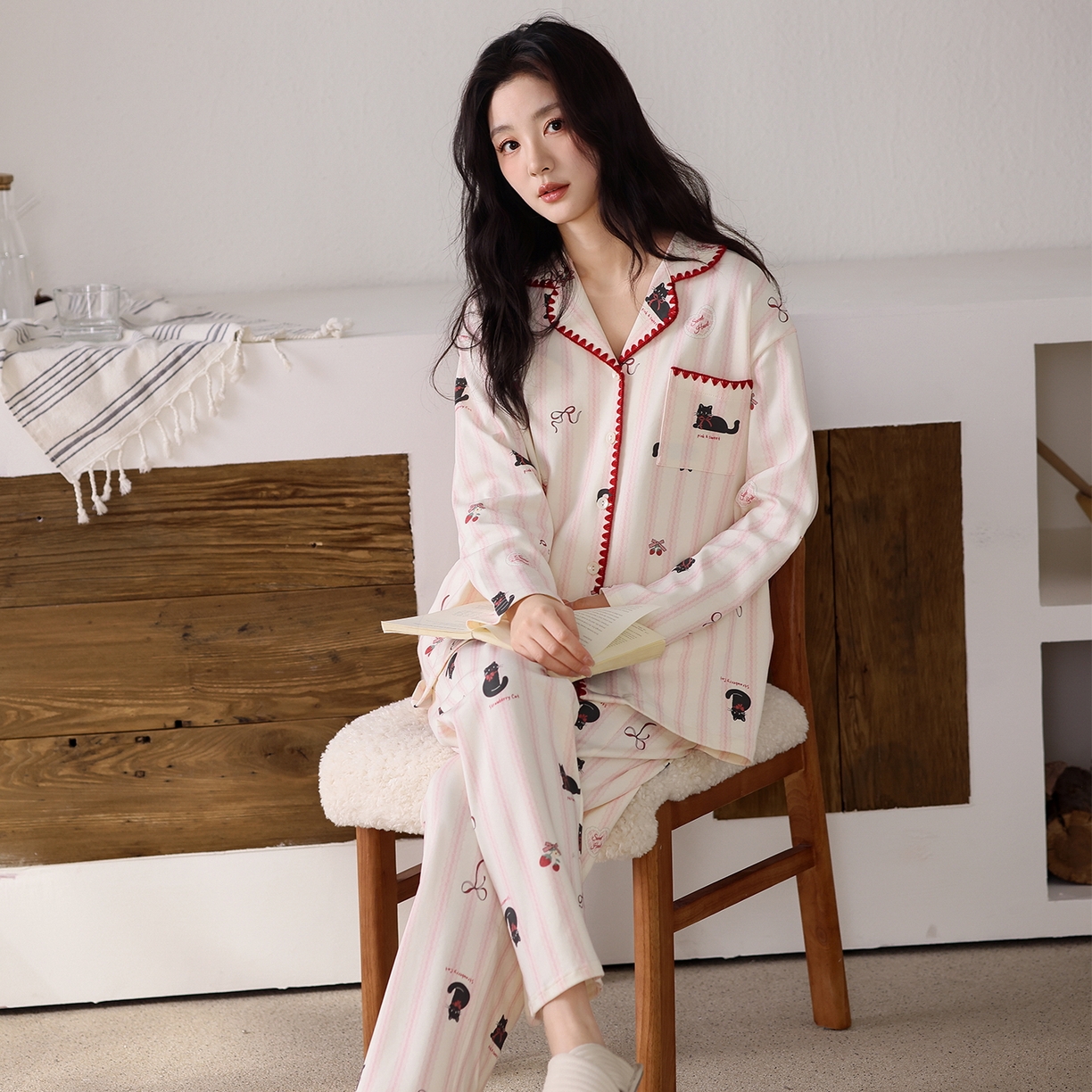 91家纺网 家纺一手货源 找家纺 洛兰沙家居馆 2026新款长袖睡衣女款纯棉春季印花开衫翻领家居服可外穿套装第一批 45141