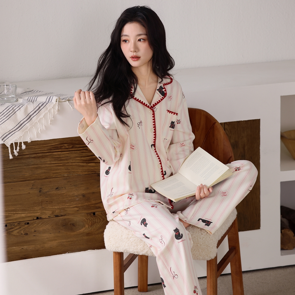 91家纺网 家纺一手货源 找家纺 洛兰沙家居馆 2026新款长袖睡衣女款纯棉春季印花开衫翻领家居服可外穿套装第一批 45141