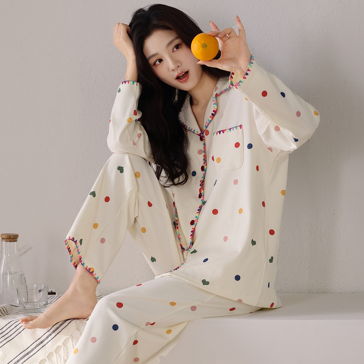 91家纺网 家纺一手货源 找家纺 洛兰沙家居馆 2026新款长袖睡衣女款纯棉春季印花开衫翻领家居服可外穿套装第一批 45142