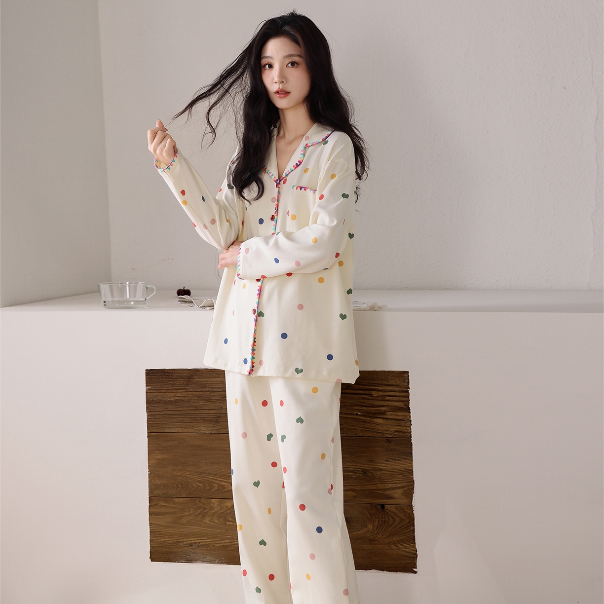 91家纺网 家纺一手货源 找家纺 洛兰沙家居馆 2026新款长袖睡衣女款纯棉春季印花开衫翻领家居服可外穿套装第一批 45142