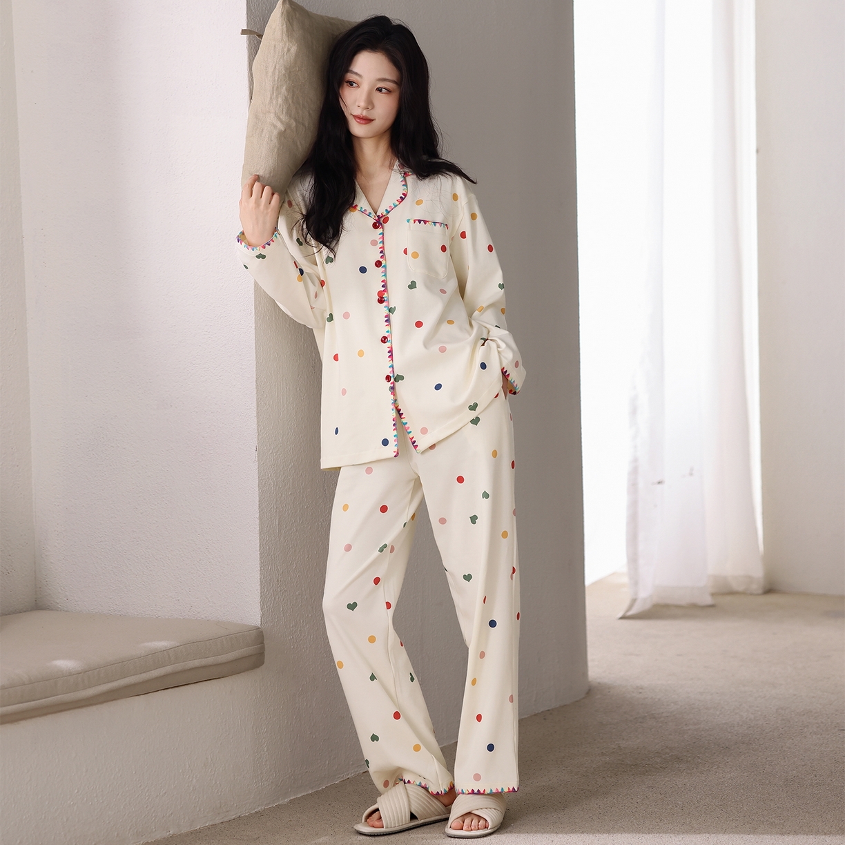 91家纺网 家纺一手货源 找家纺 洛兰沙家居馆 2026新款长袖睡衣女款纯棉春季印花开衫翻领家居服可外穿套装第一批 45142