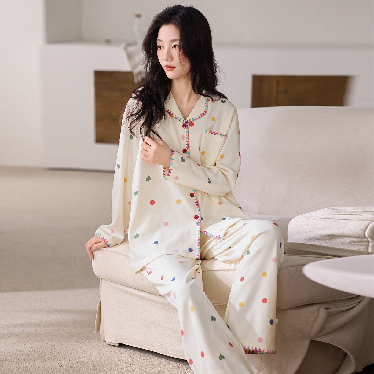 91家纺网 家纺一手货源 找家纺 洛兰沙家居馆 2026新款长袖睡衣女款纯棉春季印花开衫翻领家居服可外穿套装第一批 45142