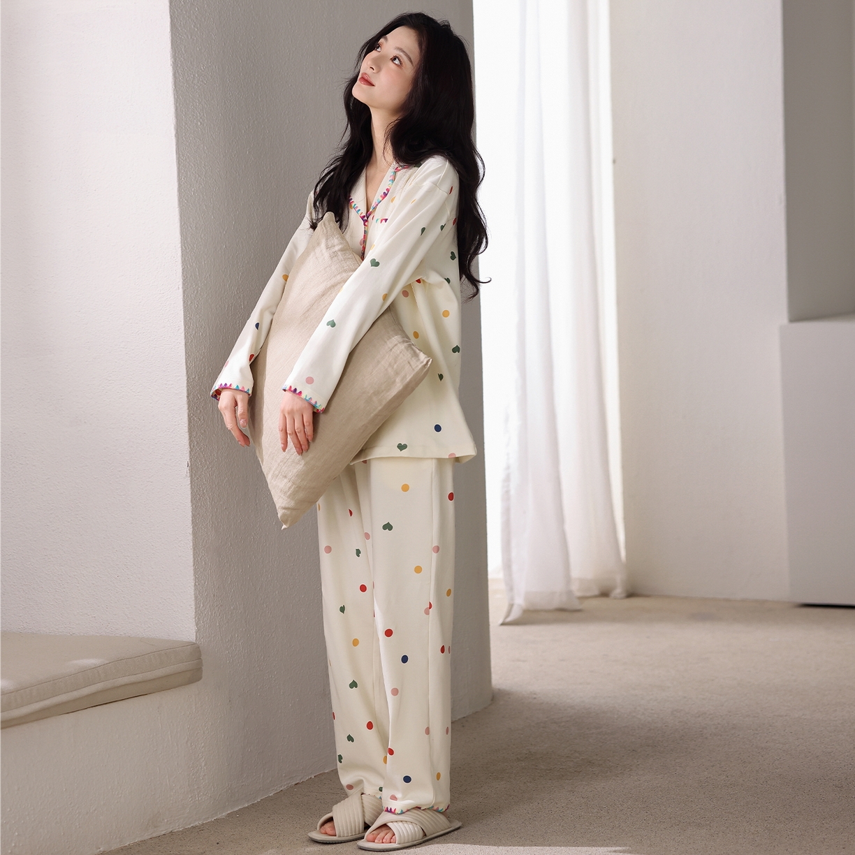 91家纺网 家纺一手货源 找家纺 洛兰沙家居馆 2026新款长袖睡衣女款纯棉春季印花开衫翻领家居服可外穿套装第一批 45142