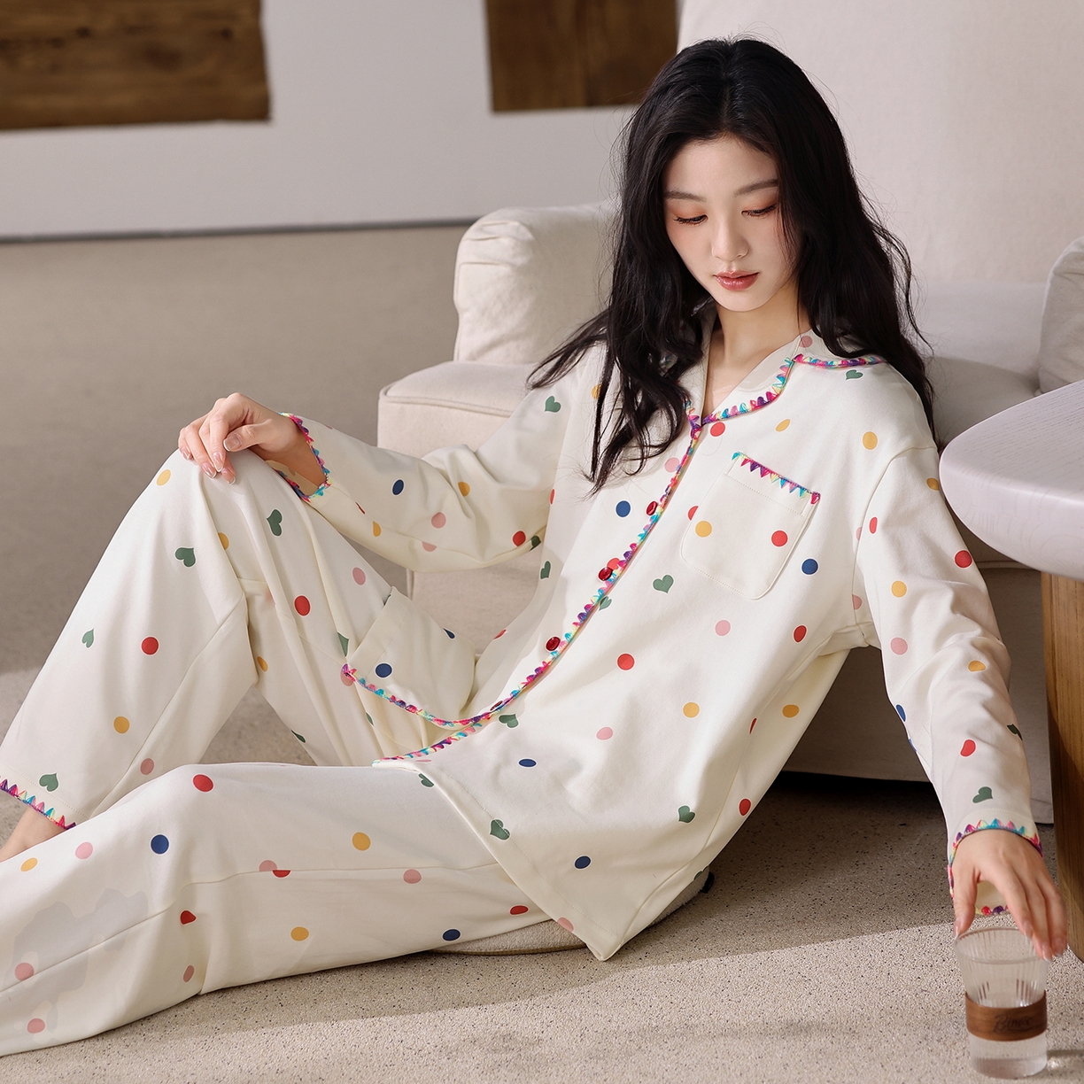 91家纺网 家纺一手货源 找家纺 洛兰沙家居馆 2026新款长袖睡衣女款纯棉春季印花开衫翻领家居服可外穿套装第一批 45142