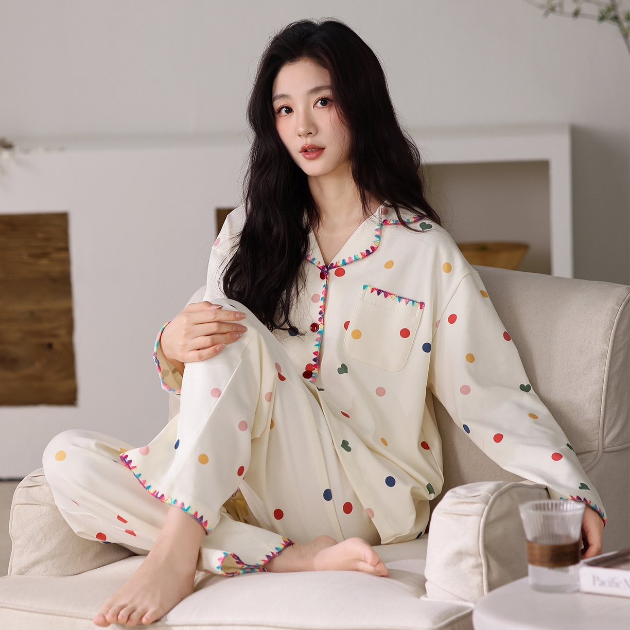 91家纺网 家纺一手货源 找家纺 洛兰沙家居馆 2026新款长袖睡衣女款纯棉春季印花开衫翻领家居服可外穿套装第一批 45142