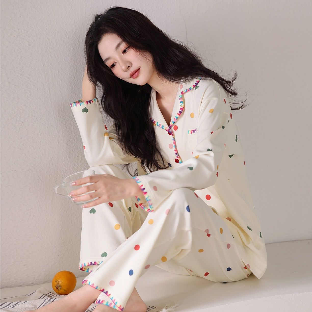 91家纺网 家纺一手货源 找家纺 洛兰沙家居馆 2026新款长袖睡衣女款纯棉春季印花开衫翻领家居服可外穿套装第一批 45142