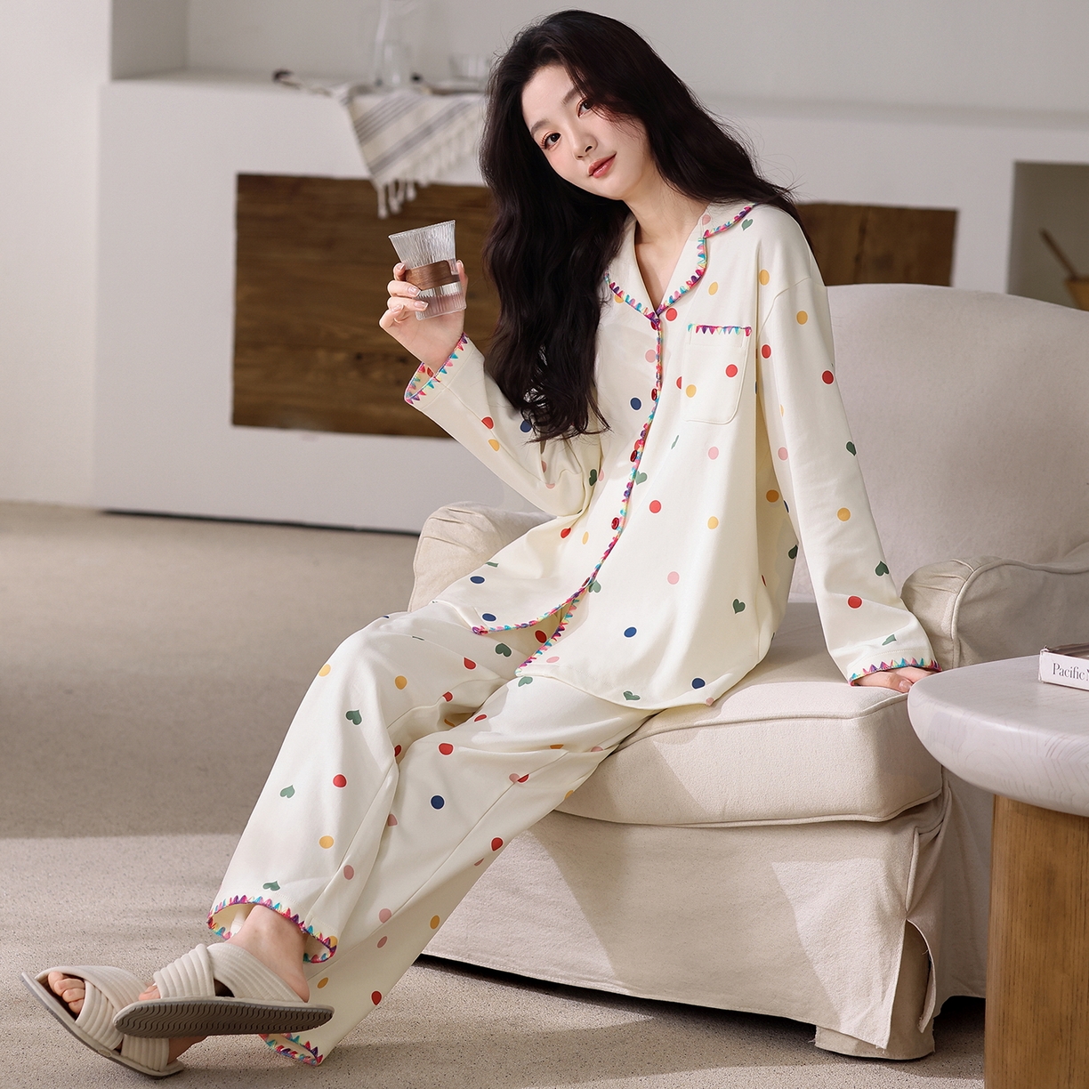 91家纺网 家纺一手货源 找家纺 洛兰沙家居馆 2026新款长袖睡衣女款纯棉春季印花开衫翻领家居服可外穿套装第一批 45142