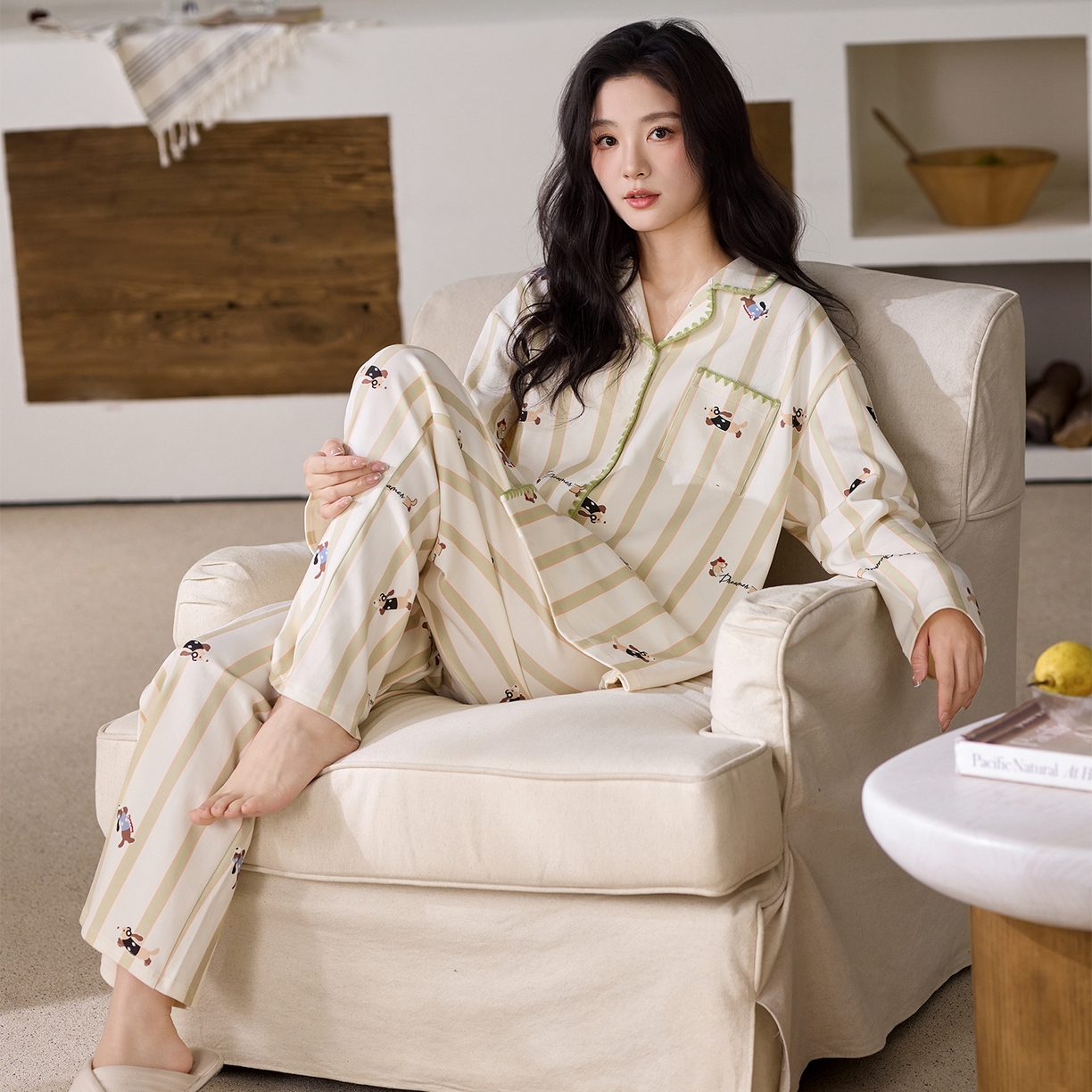 91家纺网 家纺一手货源 找家纺 洛兰沙家居馆 2026新款长袖睡衣女款纯棉春季印花开衫翻领家居服可外穿套装第一批 45143