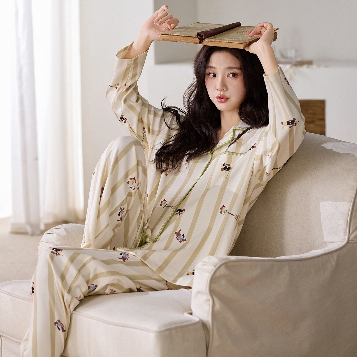 91家纺网 家纺一手货源 找家纺 洛兰沙家居馆 2026新款长袖睡衣女款纯棉春季印花开衫翻领家居服可外穿套装第一批 45143