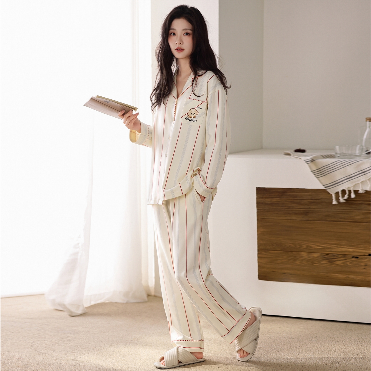 91家纺网 家纺一手货源 找家纺 洛兰沙家居馆 2026新款长袖睡衣女款纯棉春季印花开衫翻领家居服可外穿套装第一批 45144