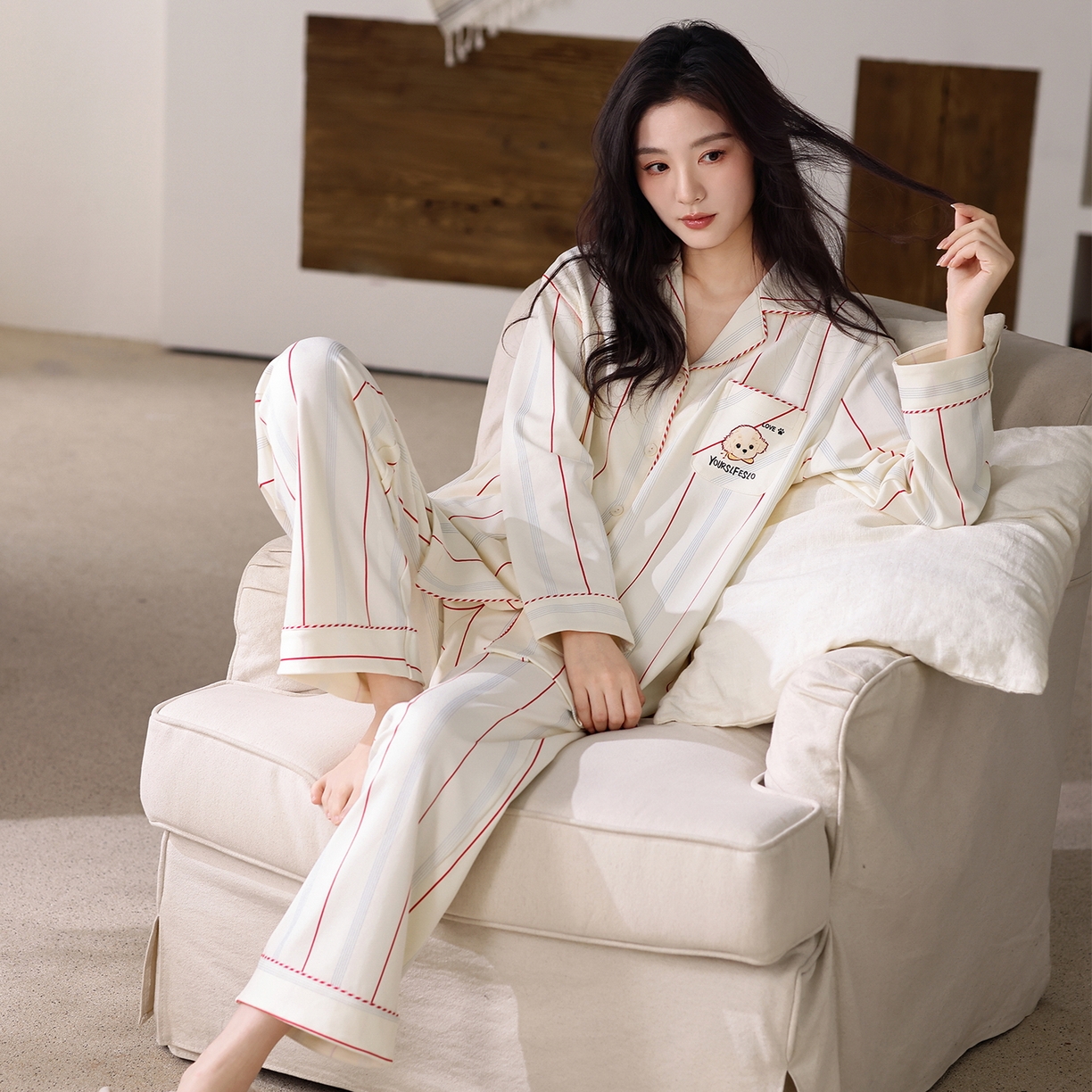 91家纺网 家纺一手货源 找家纺 洛兰沙家居馆 2026新款长袖睡衣女款纯棉春季印花开衫翻领家居服可外穿套装第一批 45144