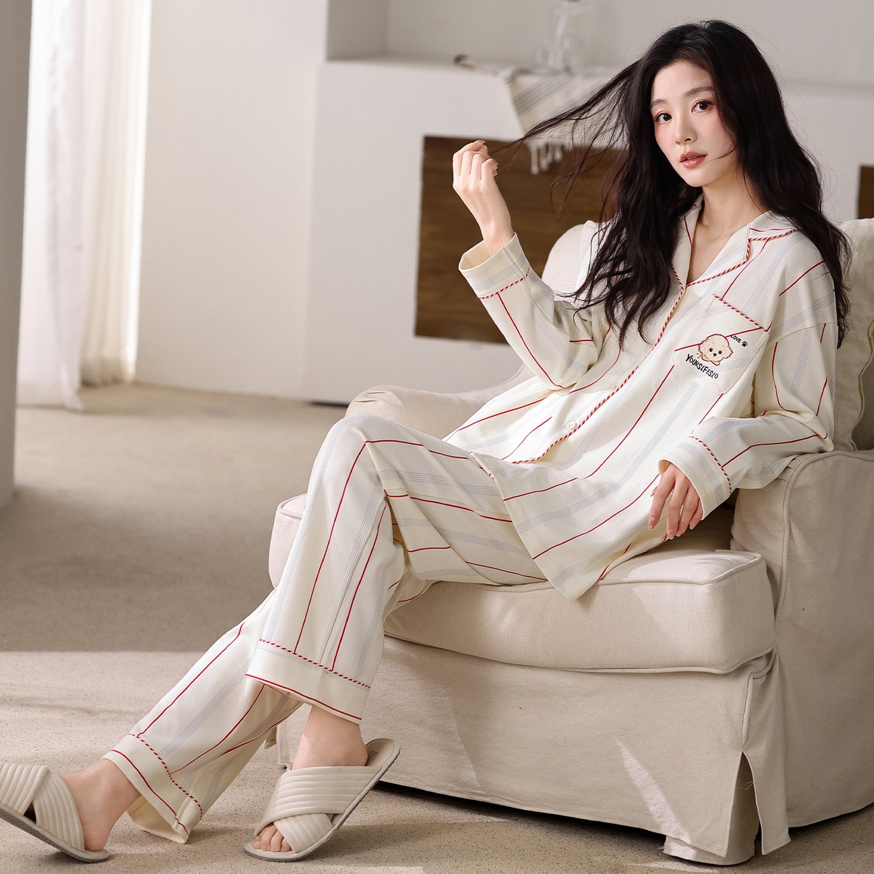 91家纺网 家纺一手货源 找家纺 洛兰沙家居馆 2026新款长袖睡衣女款纯棉春季印花开衫翻领家居服可外穿套装第一批 45144