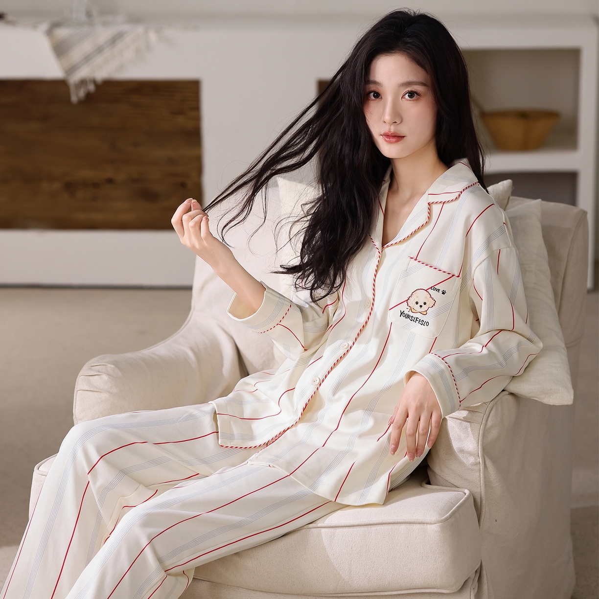 91家纺网 家纺一手货源 找家纺 洛兰沙家居馆 2026新款长袖睡衣女款纯棉春季印花开衫翻领家居服可外穿套装第一批 45144