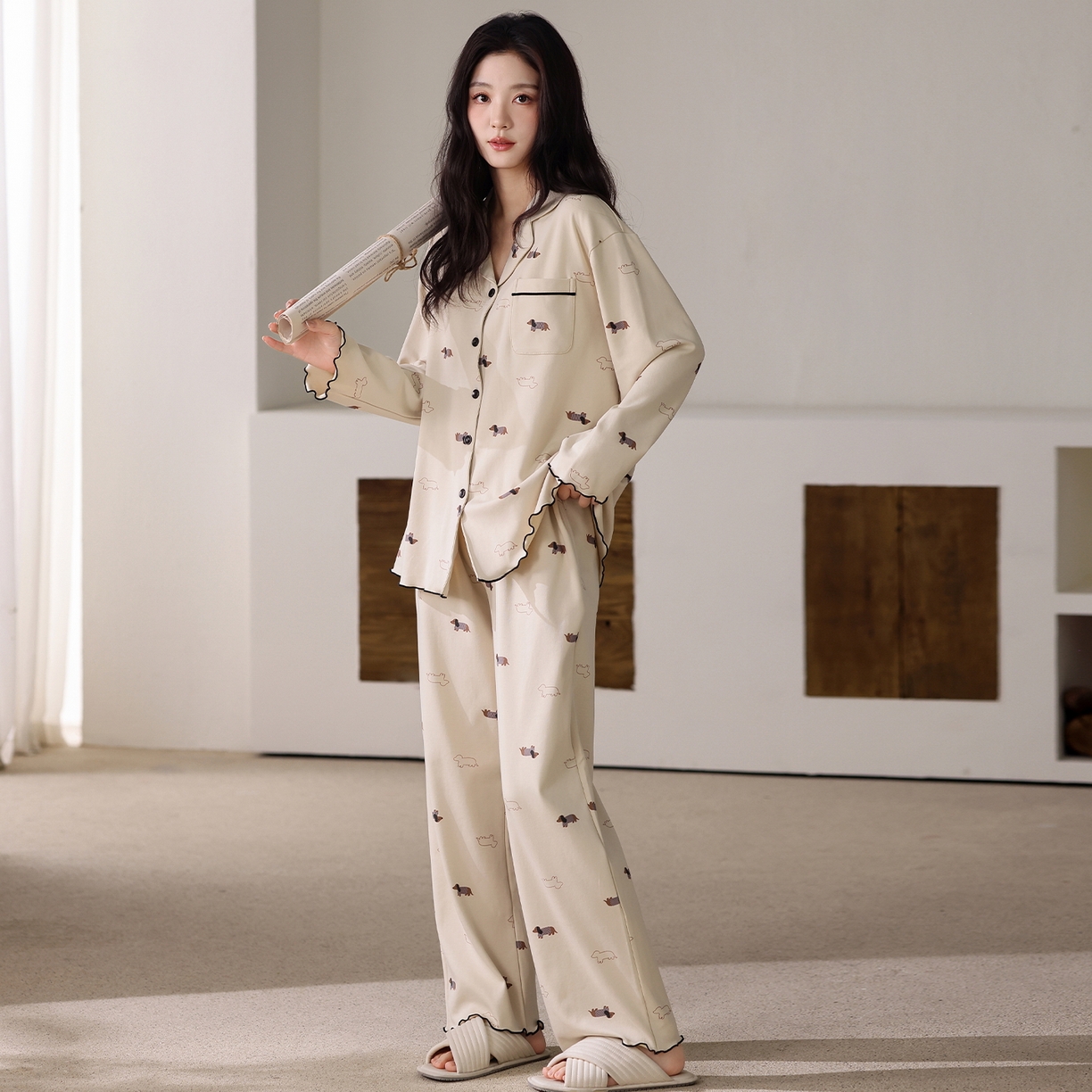 91家纺网 家纺一手货源 找家纺 洛兰沙家居馆 2026新款长袖睡衣女款纯棉春季印花开衫翻领家居服可外穿套装 第二批 45146