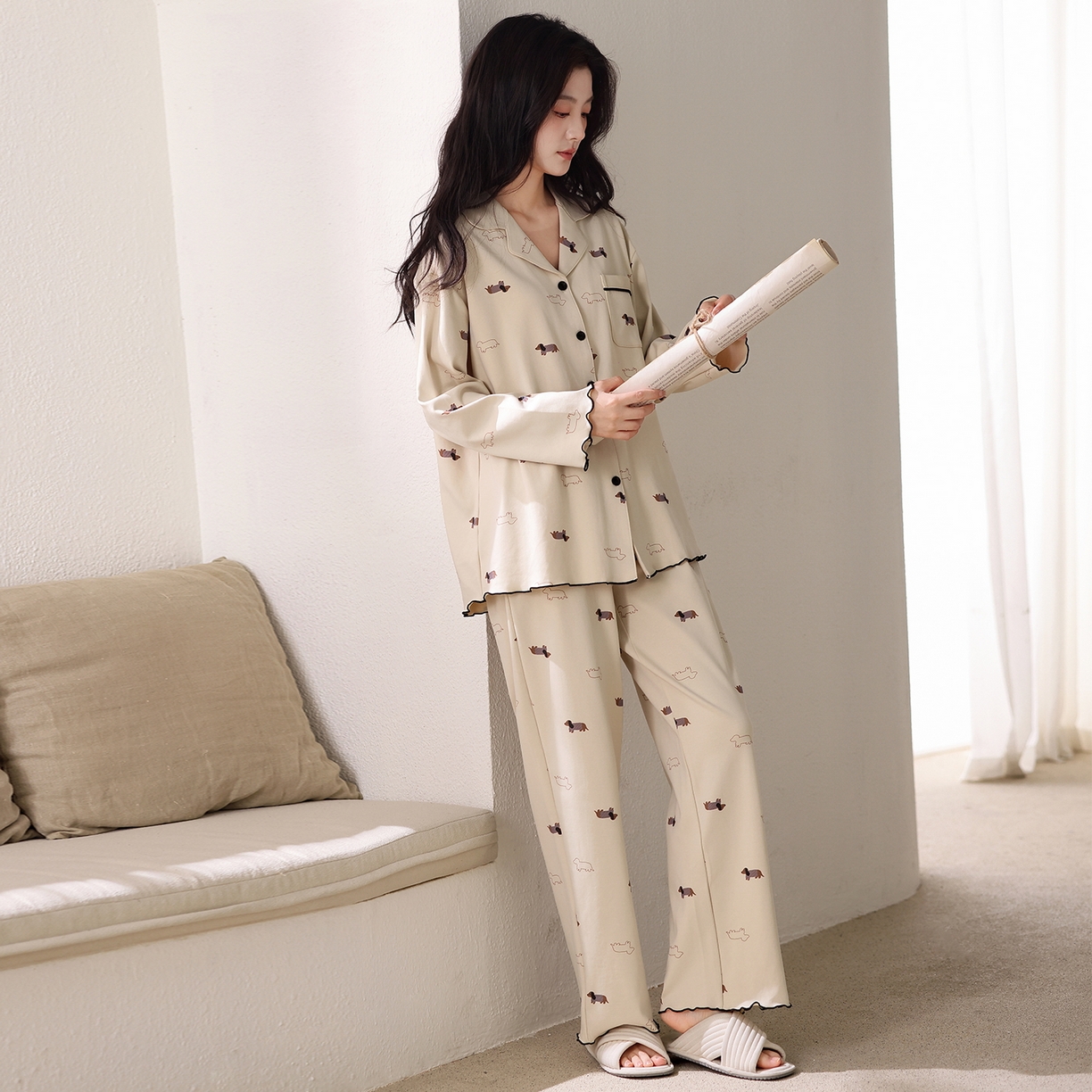 91家纺网 家纺一手货源 找家纺 洛兰沙家居馆 2026新款长袖睡衣女款纯棉春季印花开衫翻领家居服可外穿套装 第二批 45146