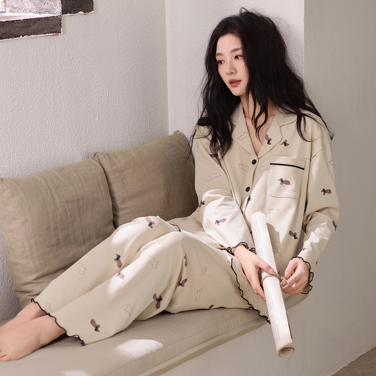 91家纺网 家纺一手货源 找家纺 洛兰沙家居馆 2026新款长袖睡衣女款纯棉春季印花开衫翻领家居服可外穿套装 第二批 45146