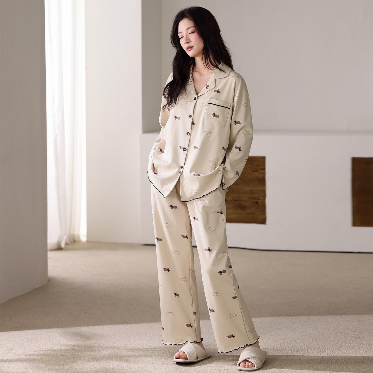 洛兰沙家居馆 2026新款长袖睡衣女款纯棉春季印花开衫翻领家居服可外穿套装 第二批 45146