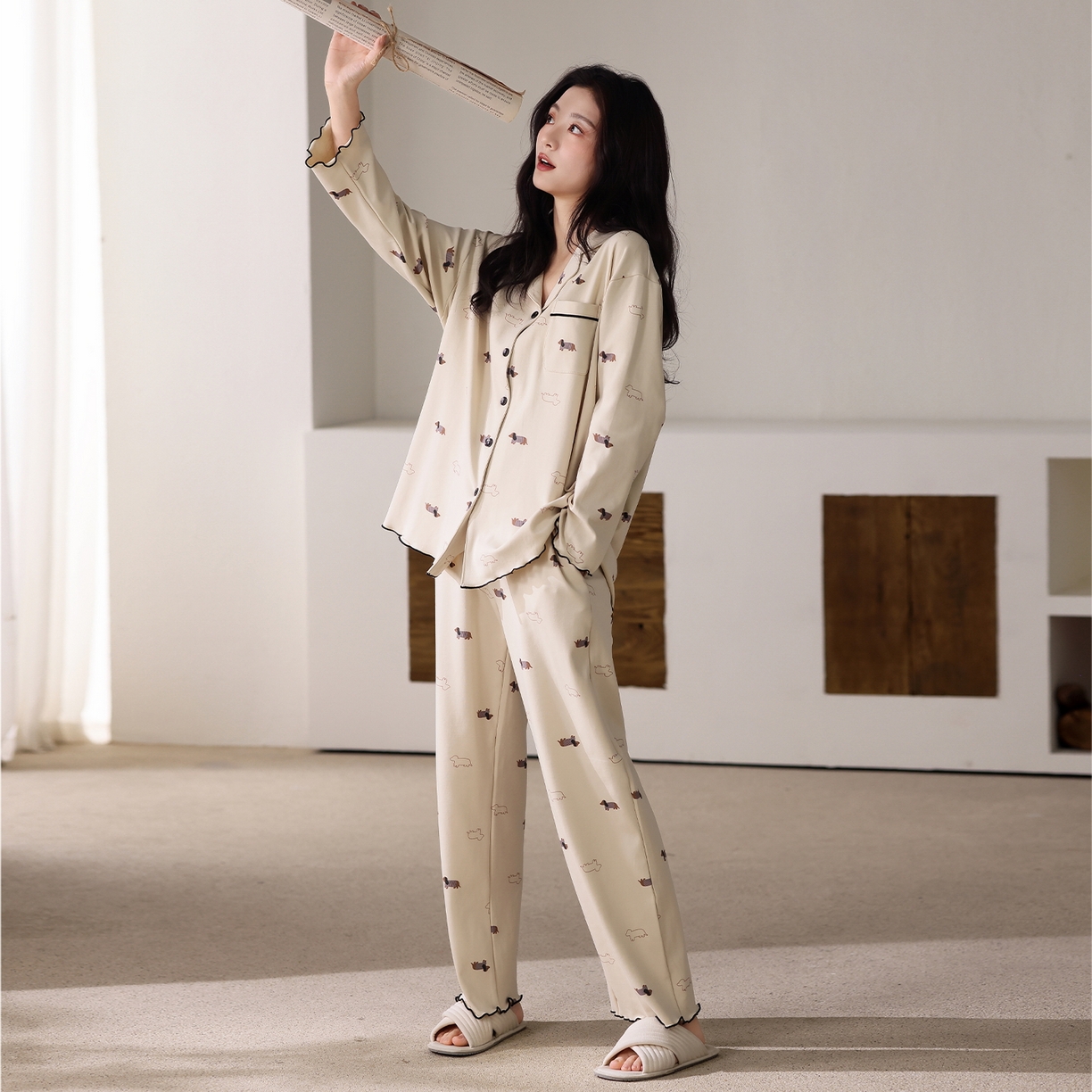 91家纺网 家纺一手货源 找家纺 洛兰沙家居馆 2026新款长袖睡衣女款纯棉春季印花开衫翻领家居服可外穿套装 第二批 45146