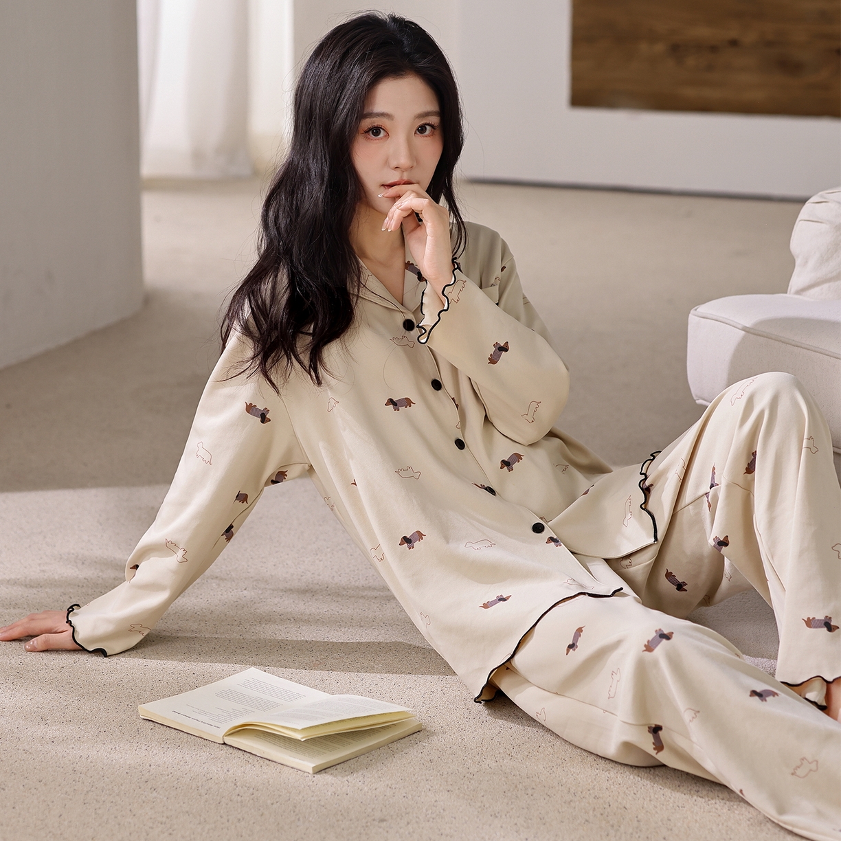 91家纺网 家纺一手货源 找家纺 洛兰沙家居馆 2026新款长袖睡衣女款纯棉春季印花开衫翻领家居服可外穿套装 第二批 45146