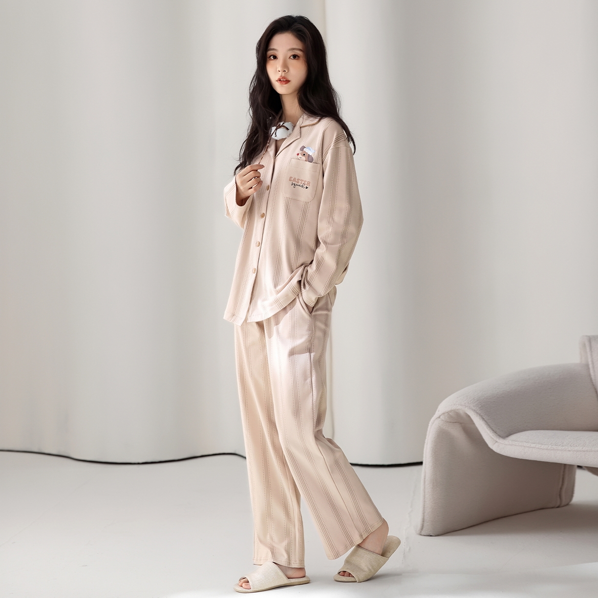 91家纺网 家纺一手货源 找家纺 洛兰沙家居馆 2026新款长袖睡衣女款纯棉春季印花开衫翻领家居服可外穿套装 第二批 45147