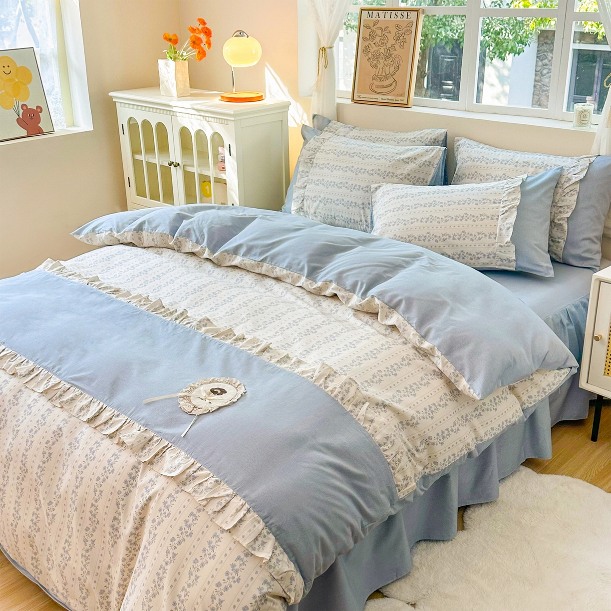 91家纺网 家纺一手货源 找家纺 玉元坊 2026新款全棉纯棉小碎花刺绣花边款四件套田园公主风系列 爱相随兰